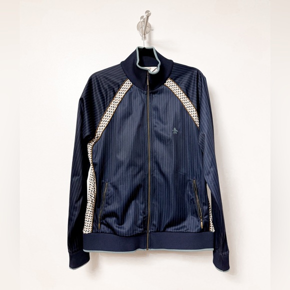 Original Penguin Pin Stripe Mixed Pattern Full Zip Up Track Jacket Large Navy - Picture 1 of 9